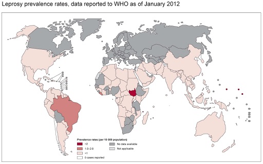 WHO map showing world-wide distribution of leprosy cases in 2012